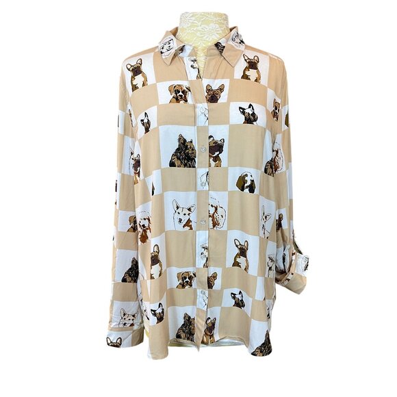 Jane & Delancey Roll-Tab Sleeve Tan White Checkerboard Dog Breed Shirt XL NWT - Picture 1 of 9
